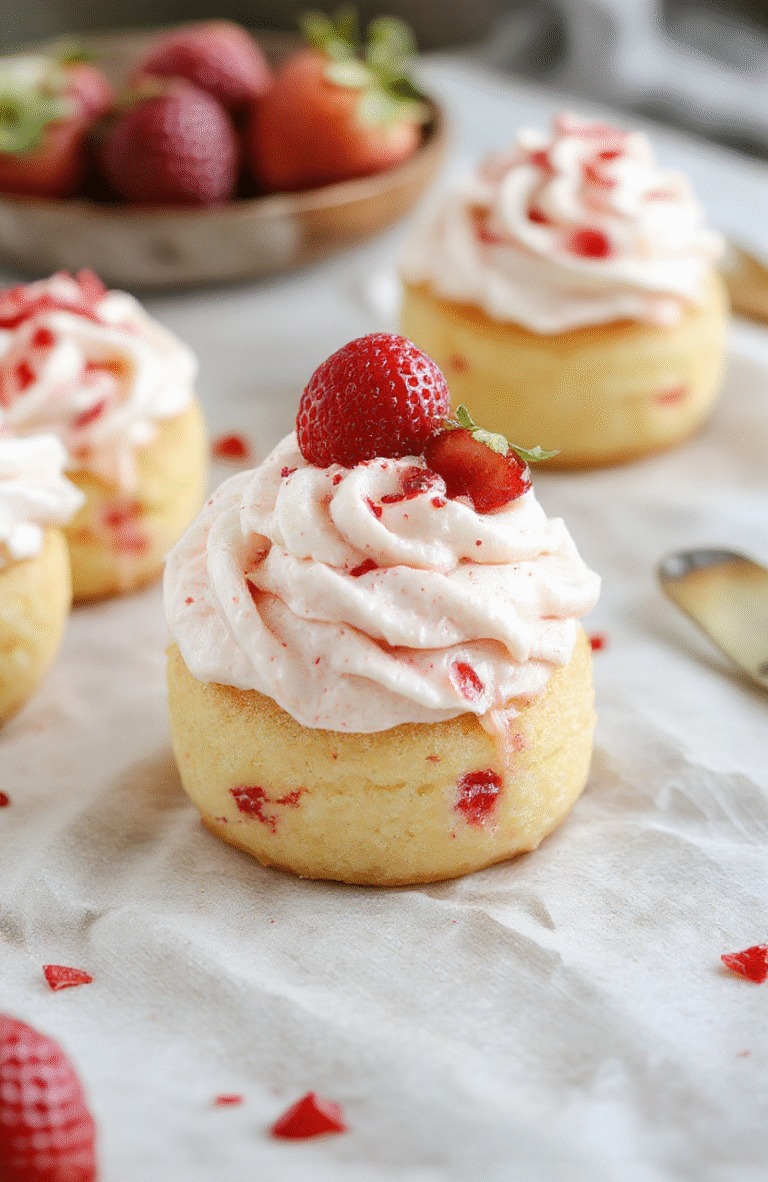 A vibrant pink fluffy strawberry buttercream frosting piped in delicate swirls onto a white ceramic plate, garnished with fresh hulled strawberries and subtle edible flower petals, against a light marble background with natural daylight casting soft shadows.