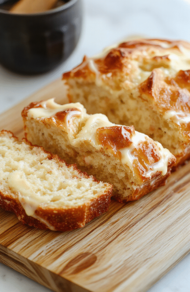 A warm, golden-brown loaf of fluffy keto yogurt bread on a wooden cutting board, sliced to reveal a tender, airy crumb with a delicate crust, dusted lightly with powdered erythritol, surrounded by fresh eggs, plain Greek yogurt, and almond flour in soft natural light.
