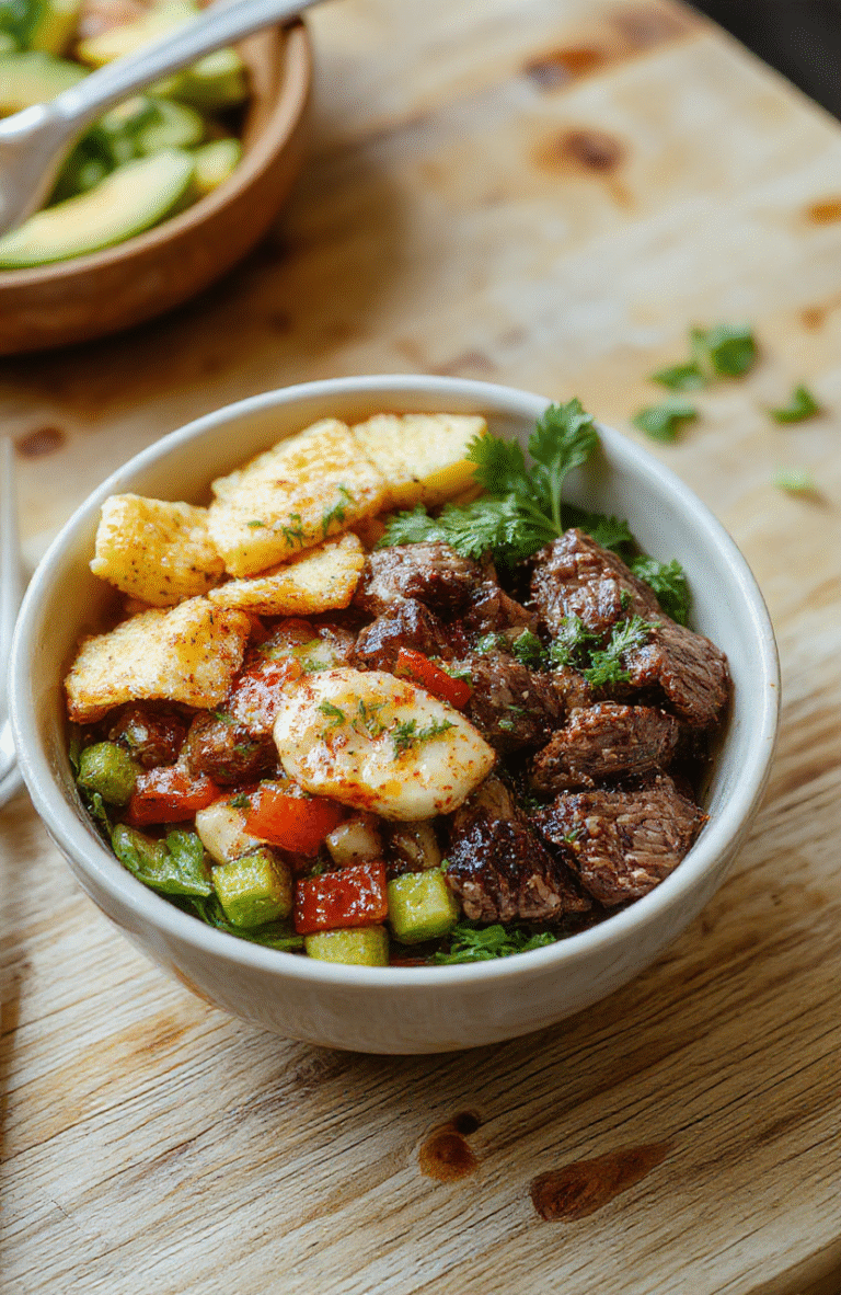 A vibrant Mediterranean steak bowl served in a white ceramic bowl: seared strip steak sliced over quinoa, topped with cherry tomatoes, cucumber, kalamata olives, red onion, crumbled feta, and fresh parsley, drizzled with olive oil and lemon wedges on the side.