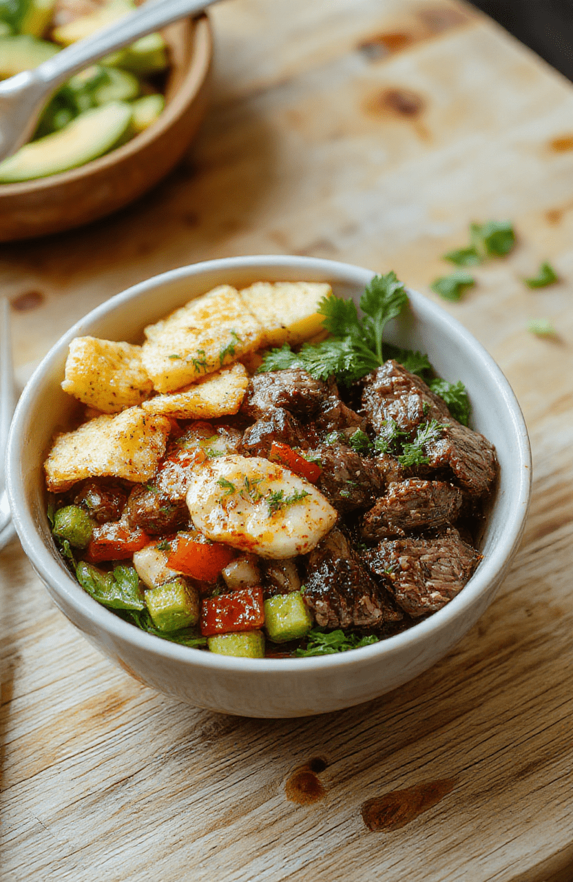 A vibrant Mediterranean steak bowl served in a white ceramic bowl: seared strip steak sliced over quinoa, topped with cherry tomatoes, cucumber, kalamata olives, red onion, crumbled feta, and fresh parsley, drizzled with olive oil and lemon wedges on the side.