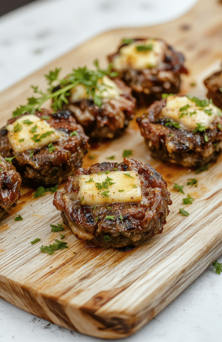 Crispy golden-brown steak bites glistening with glossy garlic butter sauce, nestled on a rustic wooden board beside fresh thyme sprigs and lightly charred broccolini. Background: soft-focus wooden tabletop with natural grain.