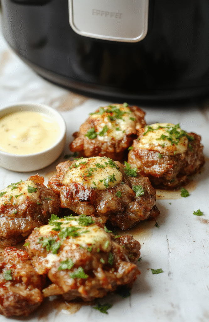 Juicy, golden-brown garlic butter steak bites served on a rustic white ceramic plate, glistening with rich garlic butter sauce, garnished with fresh parsley and cracked black pepper, placed on a light wooden cutting board with subtle grain texture in background, soft natural daylight, shallow depth of field