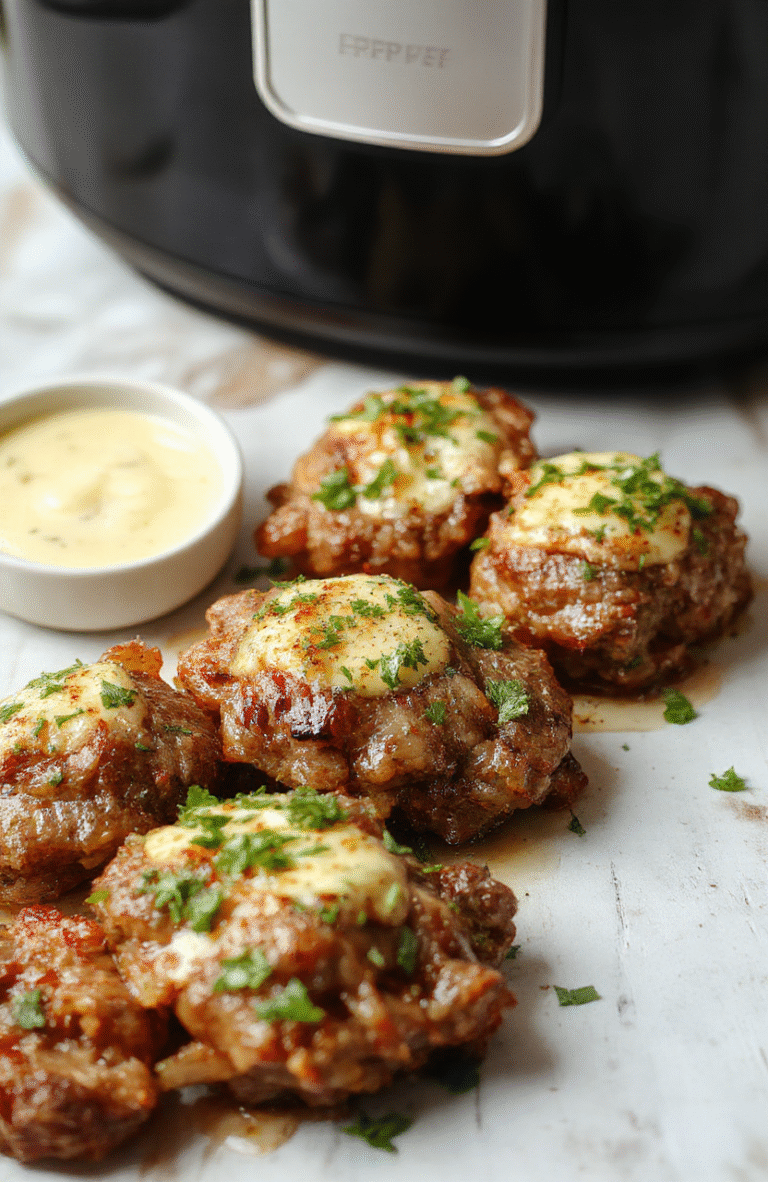 Juicy, golden-brown garlic butter steak bites served on a rustic white ceramic plate, glistening with rich garlic butter sauce, garnished with fresh parsley and cracked black pepper, placed on a light wooden cutting board with subtle grain texture in background, soft natural daylight, shallow depth of field