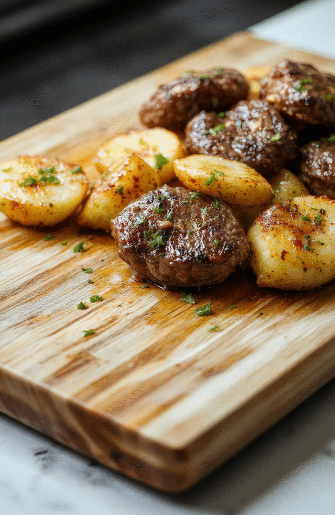 Golden-brown savory garlic steak bites and crispy roasted baby potatoes on a rustic white ceramic plate, garnished with fresh parsley and a drizzle of glossy garlic butter sauce, served on a natural wood board with soft shadows and natural daylight.