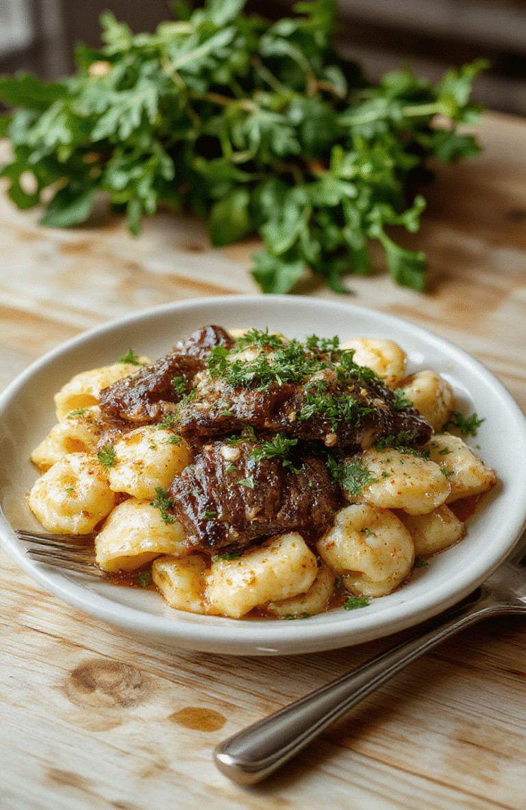 A rustic ceramic bowl holds a generous portion of cheese-filled tortellini tossed in fragrant garlic butter sauce, with thinly sliced seared steak arranged on top. Fresh parsley and grated Parmesan sprinkle the dish, while a backdrop of lightly charred lemon slices and minced garlic add color contrast and texture. Warm lighting highlights the golden-brown crust on the steak and glossy pasta.