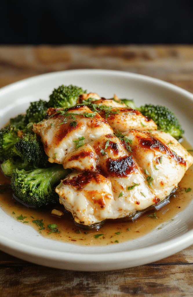 Grilled garlic chicken breast slices and tender steamed broccoli florets arranged in a rustic wooden bowl, garnished with sesame seeds and lemon wedges, on a light beige ceramic plate, natural daylight, shallow depth of field, soft shadows
