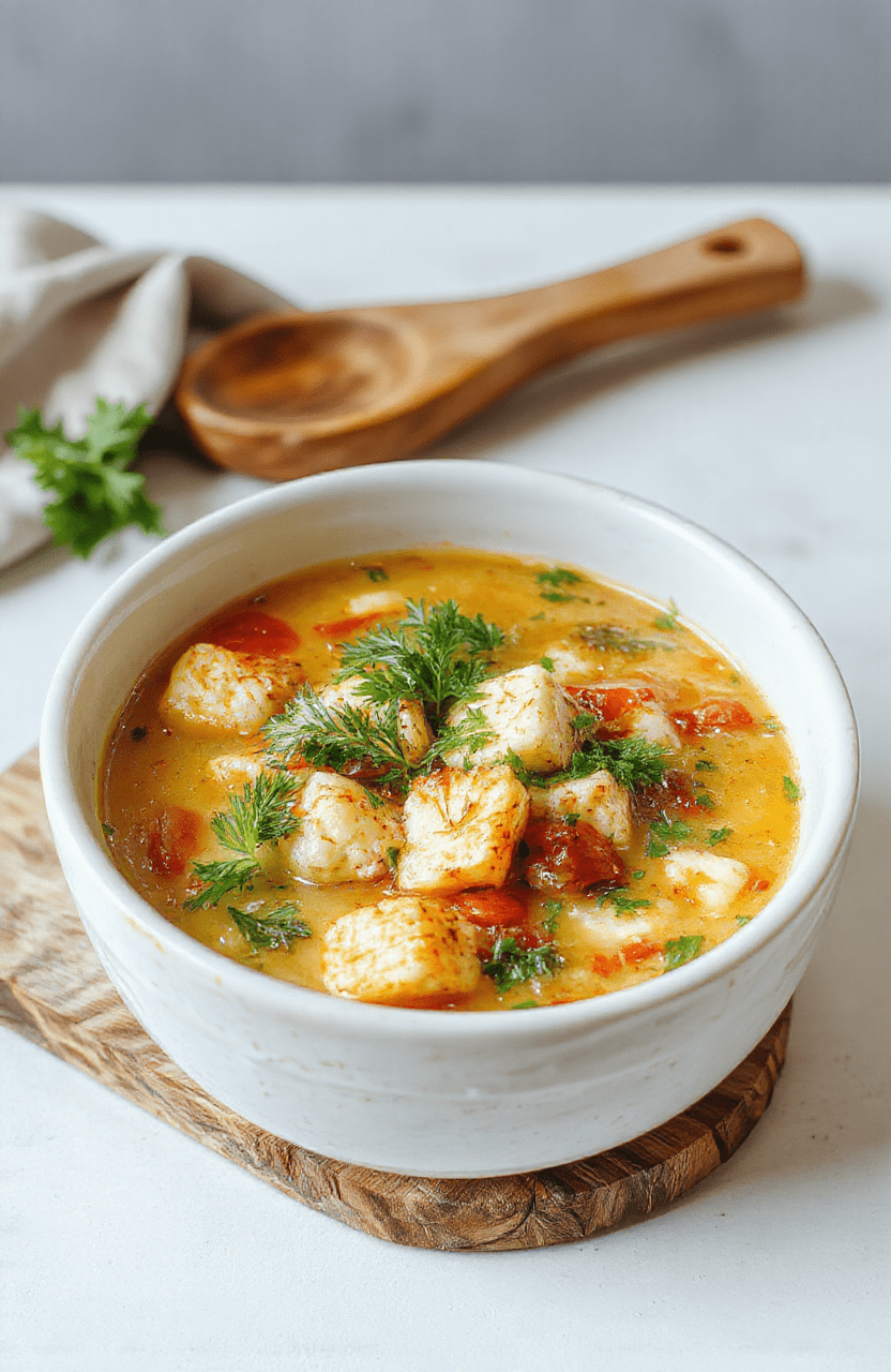 A steaming bowl of vibrant Greek healing soup with tender lemon-garlic chicken, white beans, chopped kale, golden turmeric-infused broth, and a drizzle of extra virgin olive oil, garnished with fresh parsley and lemon zest on a rustic wooden board.