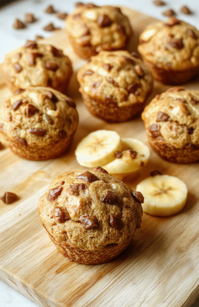 Golden-brown banana muffins with cracked tops, studded with visible walnuts and flaxseeds, resting on a rustic wooden cutting board with a dusting of powdered cinnamon and a sliced fresh banana on the side, soft natural daylight with gentle shadows.