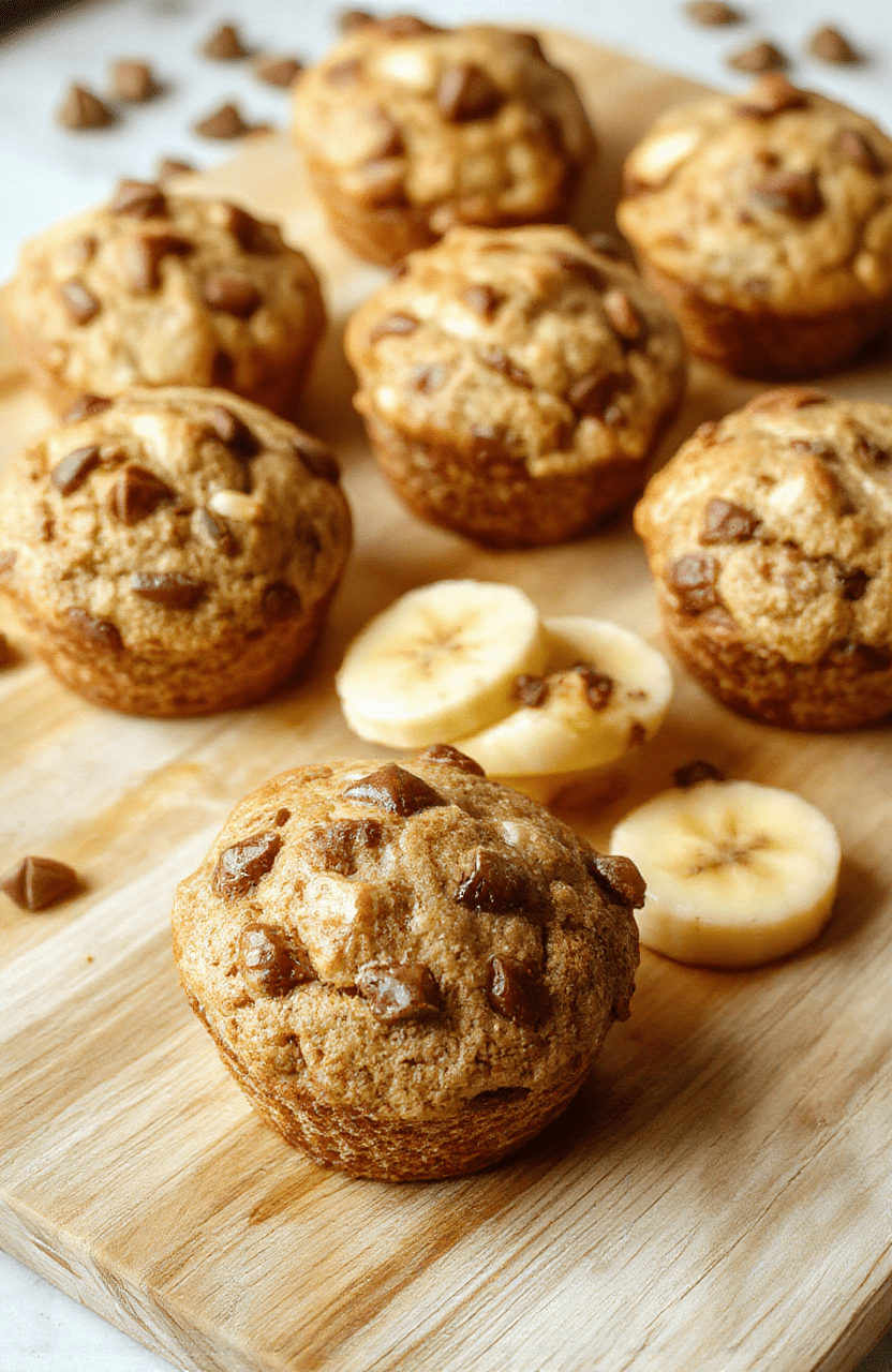 Golden-brown banana muffins with cracked tops, studded with visible walnuts and flaxseeds, resting on a rustic wooden cutting board with a dusting of powdered cinnamon and a sliced fresh banana on the side, soft natural daylight with gentle shadows.