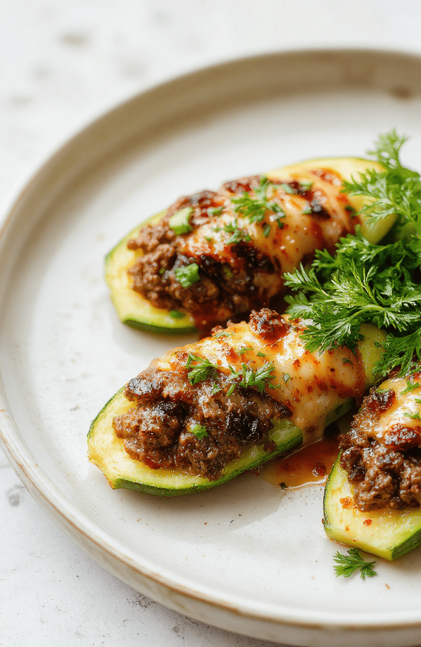 Two vibrant green halved zucchinis, hollowed and stuffed with savory browned lean ground beef, diced tomatoes, onions, and melted mozzarella cheese, nestled on a white ceramic plate with a side of fresh chopped parsley and a lemon wedge.
