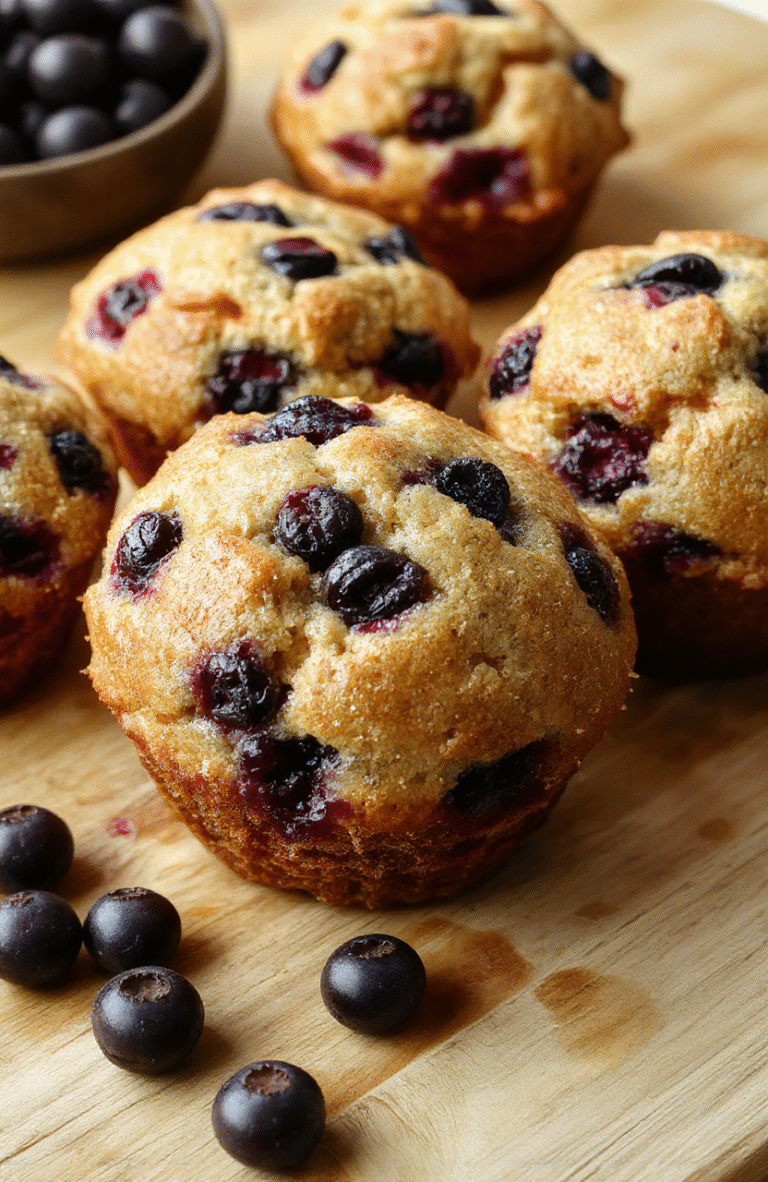Golden-brown blueberry muffins with cracked tops, studded with plump fresh blueberries, placed on a rustic wooden cutting board beside a dusting of almond flour and a few whole blueberries. Natural light highlights the moist crumb and subtle golden glaze on the surface.