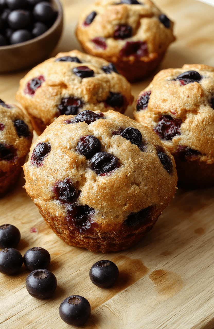 Golden-brown blueberry muffins with cracked tops, studded with plump fresh blueberries, placed on a rustic wooden cutting board beside a dusting of almond flour and a few whole blueberries. Natural light highlights the moist crumb and subtle golden glaze on the surface.