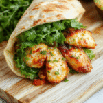 Colorful healthy chicken avocado wrap resting on a rustic wooden board, sliced in half to reveal tender grilled chicken strips, creamy avocado slices, crisp red lettuce, and vibrant cherry tomatoes wrapped in a soft whole wheat tortilla, garnished with a squeeze of lime and fresh cilantro leaves, natural daylight, soft shadows, shallow depth of field