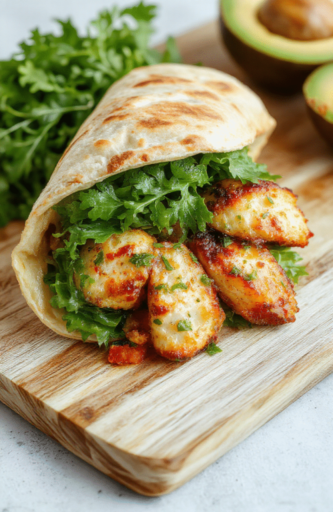 Colorful healthy chicken avocado wrap resting on a rustic wooden board, sliced in half to reveal tender grilled chicken strips, creamy avocado slices, crisp red lettuce, and vibrant cherry tomatoes wrapped in a soft whole wheat tortilla, garnished with a squeeze of lime and fresh cilantro leaves, natural daylight, soft shadows, shallow depth of field