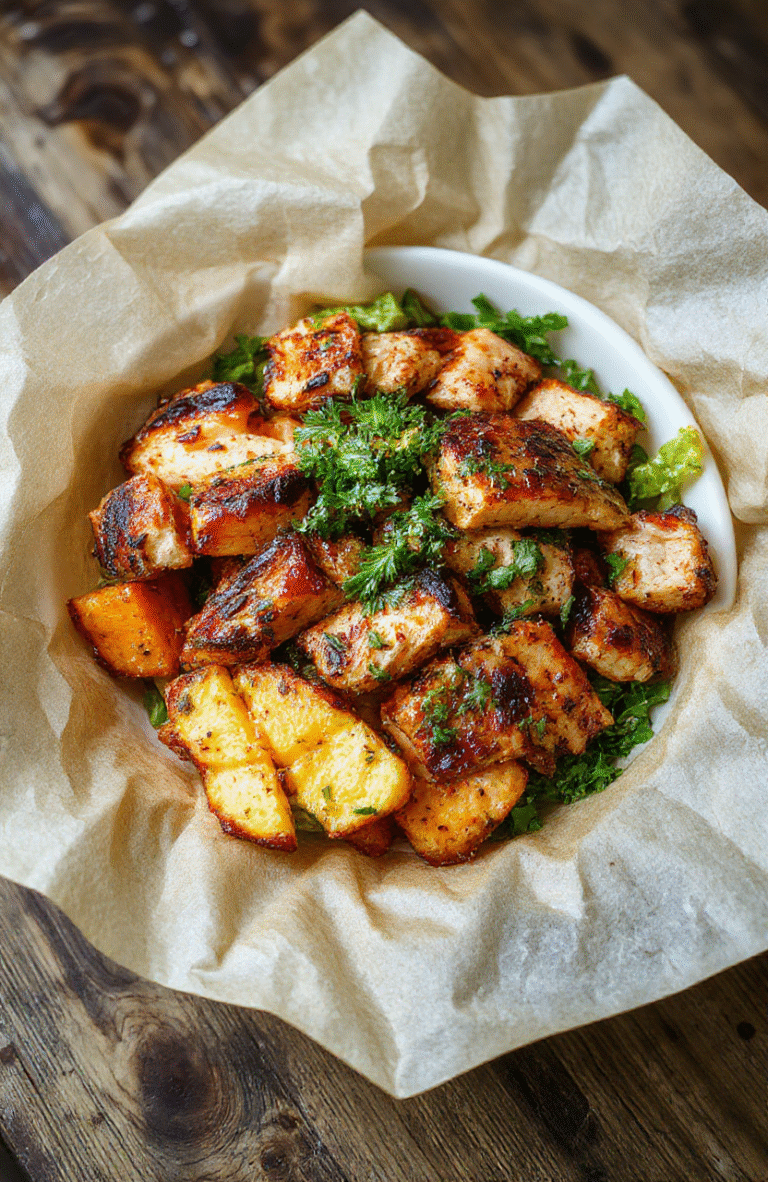 A vibrant healthy bowl with perfectly grilled sliced chicken breast, roasted sweet potato cubes, steamed broccoli florets, quartered avocado, cherry tomatoes, and a drizzle of lime-cilantro dressing, served on a rustic wooden board in natural light with soft shadows.