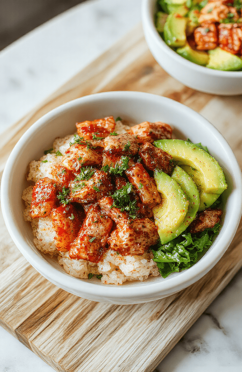Vibrant healthy spicy tuna bowl with seasoned sushi-grade tuna, sticky brown rice, sliced avocado, shredded nori, pickled ginger, sesame seeds, and chili oil drizzle in a modern ceramic bowl on rustic wooden table with soft natural daylight and subtle shadows.