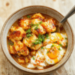 A vibrant turmeric chicken and rice bowl served in a rustic ceramic bowl: golden-yellow chicken strips, fluffy rice with turmeric streaks, steamed broccoli florets, cherry tomatoes, and a drizzle of lemon-turmeric sauce, garnished with fresh cilantro and cracked black pepper on a light oak wooden table in soft natural light.