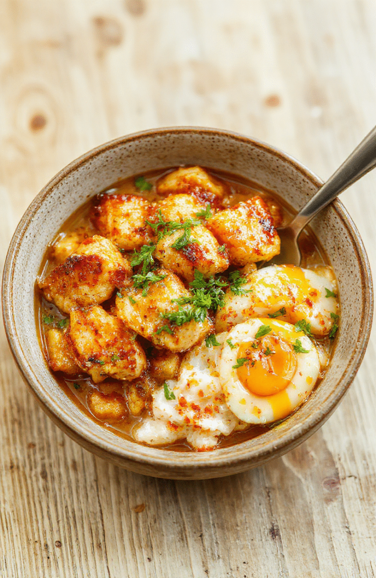 A vibrant turmeric chicken and rice bowl served in a rustic ceramic bowl: golden-yellow chicken strips, fluffy rice with turmeric streaks, steamed broccoli florets, cherry tomatoes, and a drizzle of lemon-turmeric sauce, garnished with fresh cilantro and cracked black pepper on a light oak wooden table in soft natural light.