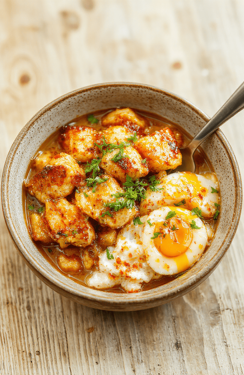 A vibrant turmeric chicken and rice bowl served in a rustic ceramic bowl: golden-yellow chicken strips, fluffy rice with turmeric streaks, steamed broccoli florets, cherry tomatoes, and a drizzle of lemon-turmeric sauce, garnished with fresh cilantro and cracked black pepper on a light oak wooden table in soft natural light.