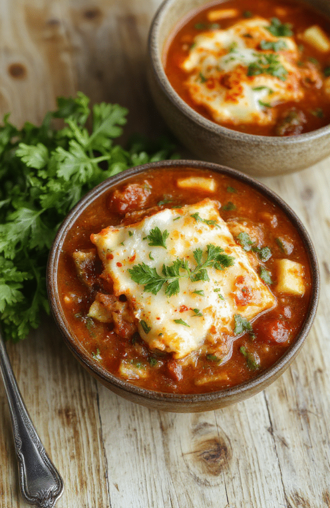 A rustic ceramic bowl filled with hearty vegetarian lasagna soup, layered with vibrant red sauce, creamy ricotta dollops, tender zucchini, spinach, and melty mozzarella. Garnished with fresh basil and a drizzle of olive oil, served with a crusty slice of sourdough bread on the side against a soft blurred wooden table background.