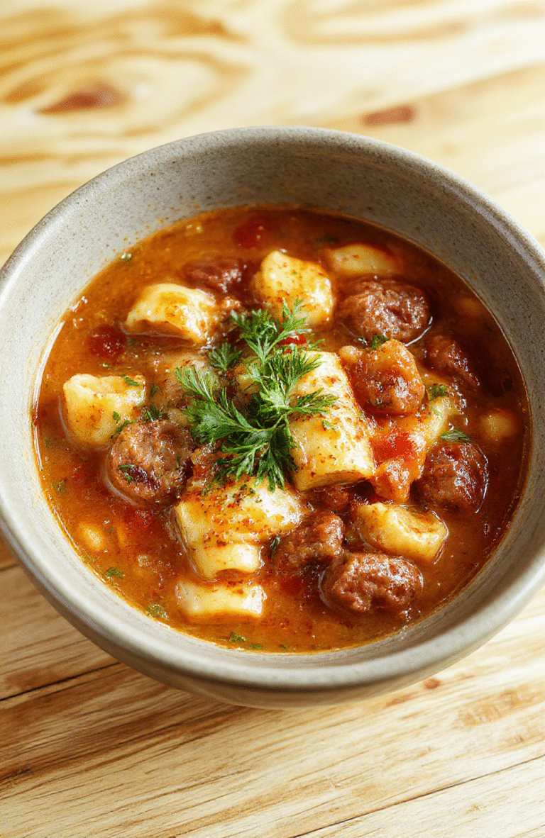 A steaming bowl of Italian sausage pasta soup with tender bites of browned sausage, elbow pasta, diced tomatoes, spinach, and parmesan shavings, garnished with fresh basil, placed on a rustic wooden table with soft natural light and shallow depth of field.