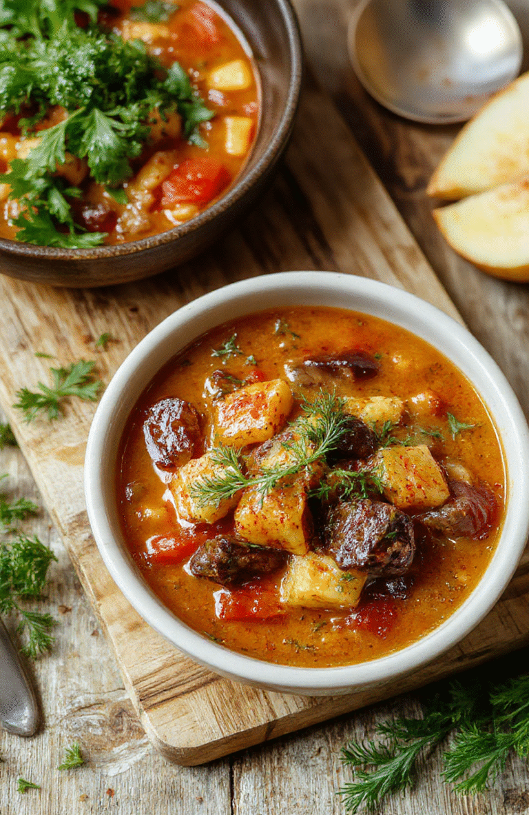 A steaming bowl of vibrant ratatouille soup served in a rustic white ceramic bowl, filled with chunks of roasted eggplant, zucchini, bell peppers, tomatoes, and aromatic herbs, garnished with fresh basil and a drizzle of olive oil, sitting on a clean wooden table with soft natural lighting.