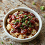 A steaming bowl of hearty red beans and rice: rich burgundy beans with tender rice, garnished with chopped green onions and a drizzle of hot sauce, served in a rustic ceramic bowl on a wooden table with soft natural lighting and shallow depth of field.