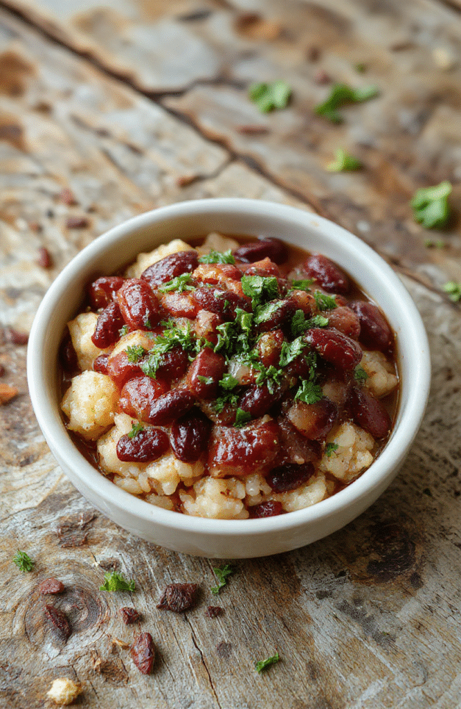 A steaming bowl of hearty red beans and rice: rich burgundy beans with tender rice, garnished with chopped green onions and a drizzle of hot sauce, served in a rustic ceramic bowl on a wooden table with soft natural lighting and shallow depth of field.