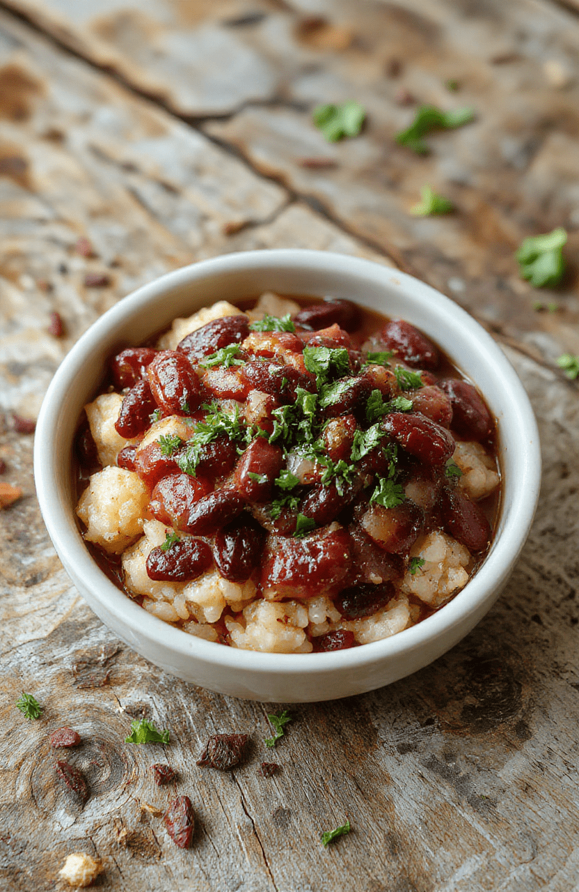 A steaming bowl of hearty red beans and rice: rich burgundy beans with tender rice, garnished with chopped green onions and a drizzle of hot sauce, served in a rustic ceramic bowl on a wooden table with soft natural lighting and shallow depth of field.
