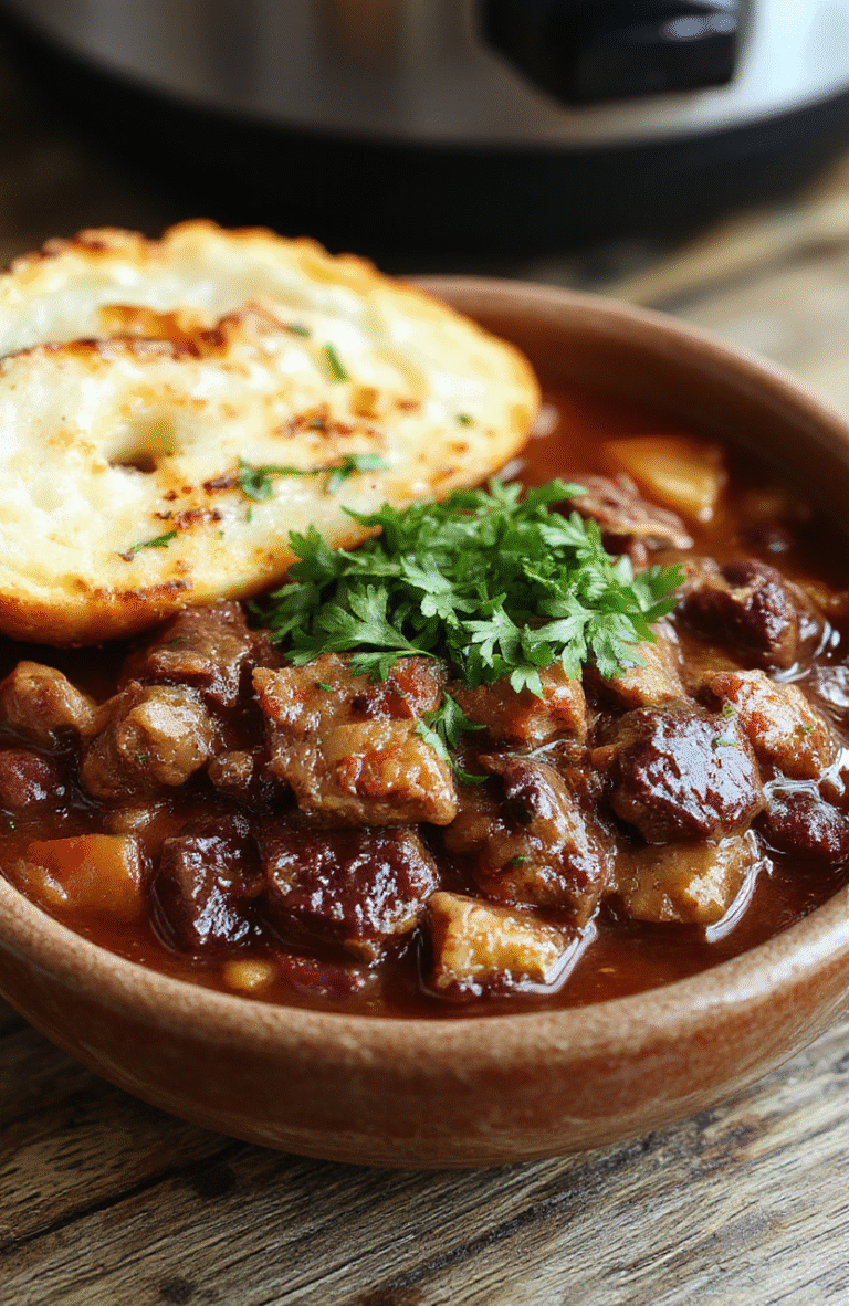 Hearty venison chili in a rustic ceramic bowl, garnished with fresh cilantro, shredded cheddar cheese, sliced green onions, and a dollop of sour cream, served with warm cornbread on the side, captured in warm natural light with soft shadows and shallow depth of field.