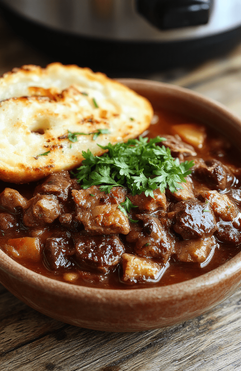 Hearty venison chili in a rustic ceramic bowl, garnished with fresh cilantro, shredded cheddar cheese, sliced green onions, and a dollop of sour cream, served with warm cornbread on the side, captured in warm natural light with soft shadows and shallow depth of field.