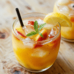 A tall glass of bright golden-yellow homemade peach lemonade ice cubes visible inside, garnished with fresh peach slices and lemon wheels, resting on a light wood cutting board with condensation on the glass, surrounded by sprigs of mint and halved peaches in soft natural daylight