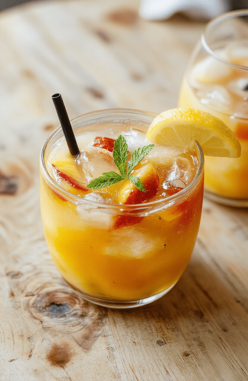 A tall glass of bright golden-yellow homemade peach lemonade ice cubes visible inside, garnished with fresh peach slices and lemon wheels, resting on a light wood cutting board with condensation on the glass, surrounded by sprigs of mint and halved peaches in soft natural daylight
