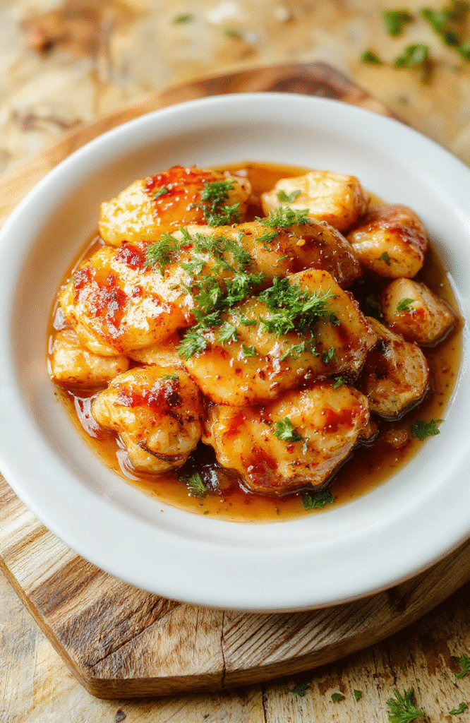 Glossy sticky honey garlic chicken thighs with caramelized edges and fresh thyme sprigs, served over fluffy white rice with roasted broccoli and cherry tomatoes on a white ceramic plate against a light wooden tabletop.