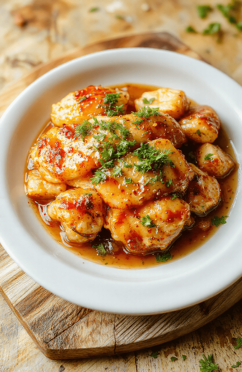 Glossy sticky honey garlic chicken thighs with caramelized edges and fresh thyme sprigs, served over fluffy white rice with roasted broccoli and cherry tomatoes on a white ceramic plate against a light wooden tabletop.