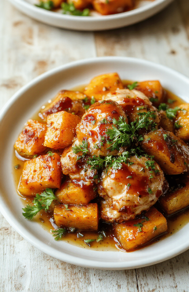 Juicy honey garlic chicken thighs and golden roasted sweet potato wedges on a white ceramic plate, garnished with chopped fresh parsley and a drizzle of glaze, against a light wooden cutting board background with subtle shadows and natural daylight.