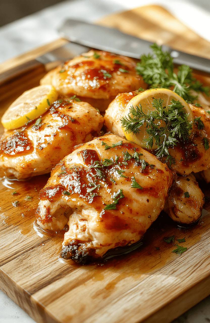 Juicy pan-seared chicken breasts glazed with glossy honey lemon garlic sauce, garnished with fresh parsley and lemon zest, served alongside lightly charred asparagus and roasted baby potatoes on a rustic wooden board, in warm natural daylight with soft shadows.