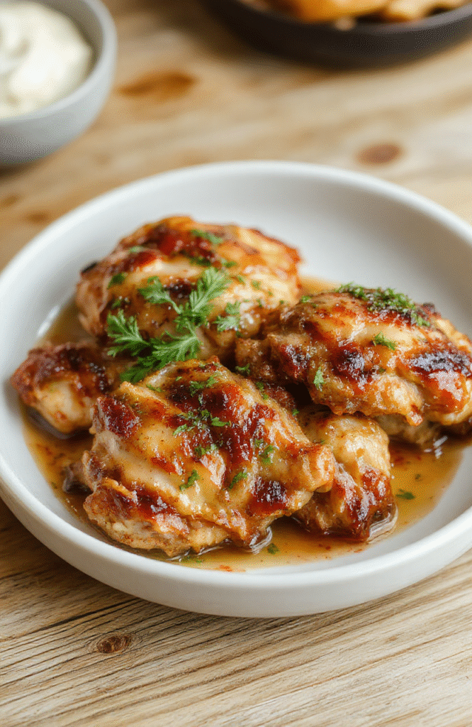 Golden-brown, glistening baked chicken thighs on a simple white ceramic plate, resting beside a sprig of fresh rosemary and a few roasted lemon wedges. Juices pool slightly at the edges, skin is crispy with subtle char marks, and meat appears tender and moist. Background is soft white linen.