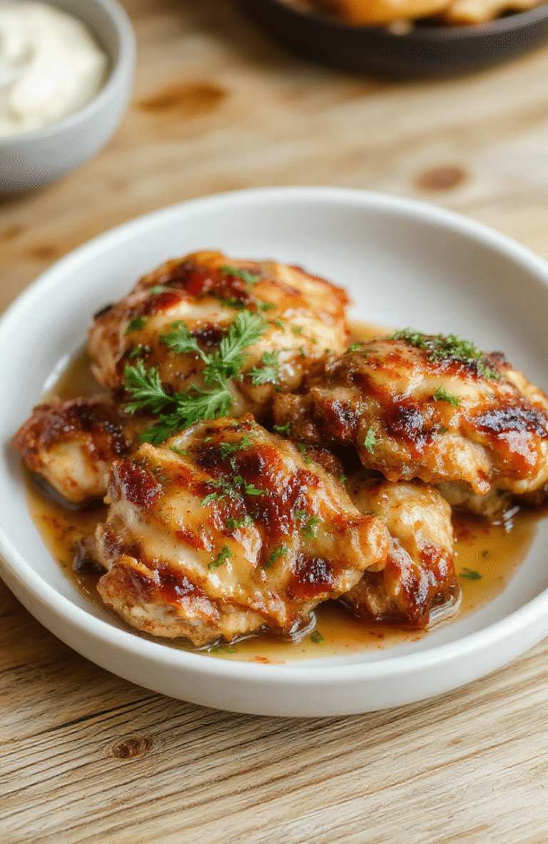 Golden-brown, glistening baked chicken thighs on a simple white ceramic plate, resting beside a sprig of fresh rosemary and a few roasted lemon wedges. Juices pool slightly at the edges, skin is crispy with subtle char marks, and meat appears tender and moist. Background is soft white linen.