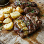 A sizzling, golden-brown steak with lush garlic butter pooling on top, served alongside roasted baby potatoes with crispy edges and fresh rosemary sprigs, all nestled on a rustic wooden board with charred lemon wedges and scattered parsley.