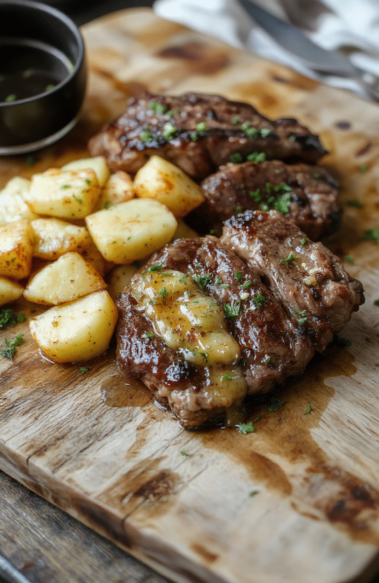 A sizzling, golden-brown steak with lush garlic butter pooling on top, served alongside roasted baby potatoes with crispy edges and fresh rosemary sprigs, all nestled on a rustic wooden board with charred lemon wedges and scattered parsley.