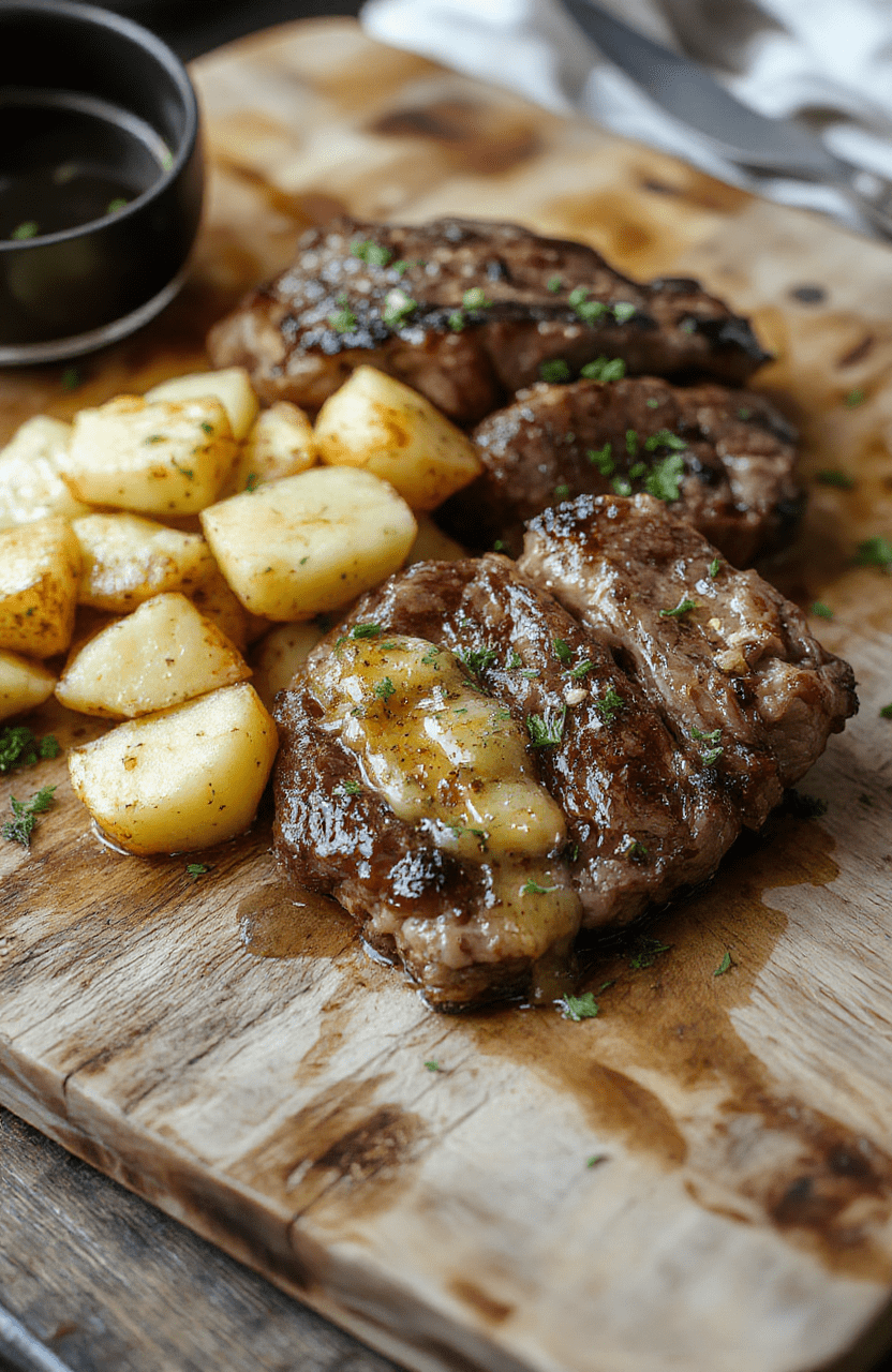 A sizzling, golden-brown steak with lush garlic butter pooling on top, served alongside roasted baby potatoes with crispy edges and fresh rosemary sprigs, all nestled on a rustic wooden board with charred lemon wedges and scattered parsley.