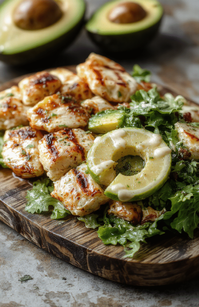 Grilled chicken breasts sliced and arranged on a rustic wooden board, halved avocados drizzled with lemon juice and topped with flaky sea salt, fresh arugula leaves scattered around, bright green and vibrant colors with visible grill marks on chicken.