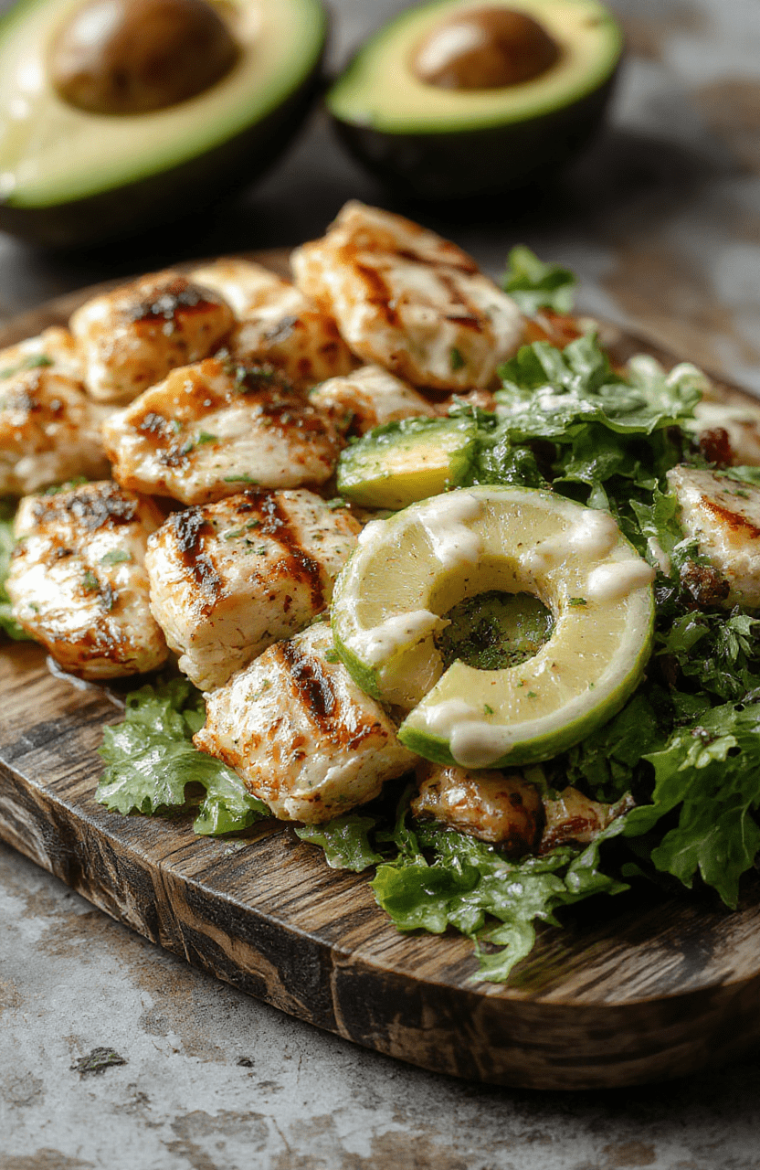 Grilled chicken breasts sliced and arranged on a rustic wooden board, halved avocados drizzled with lemon juice and topped with flaky sea salt, fresh arugula leaves scattered around, bright green and vibrant colors with visible grill marks on chicken.
