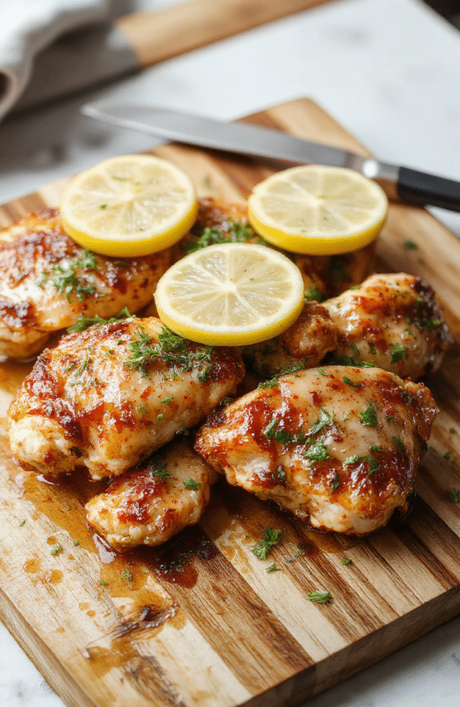 Pan-seared juicy chicken thighs with golden-brown crispy skin, glistening lemon garlic marinade sticky glaze, fresh parsley sprinkles, served with charred lemon wedges and roasted garlic cloves on a rustic wooden board.