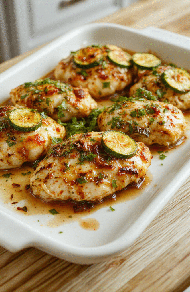 Golden-brown chicken thighs seared and nestled with sliced zucchini, cherry tomatoes, kalamata olives, and fresh oregano on a rustic ceramic baking sheet, drizzled with lemon-olive oil sauce, with charred edges and vibrant colors popping in natural light.