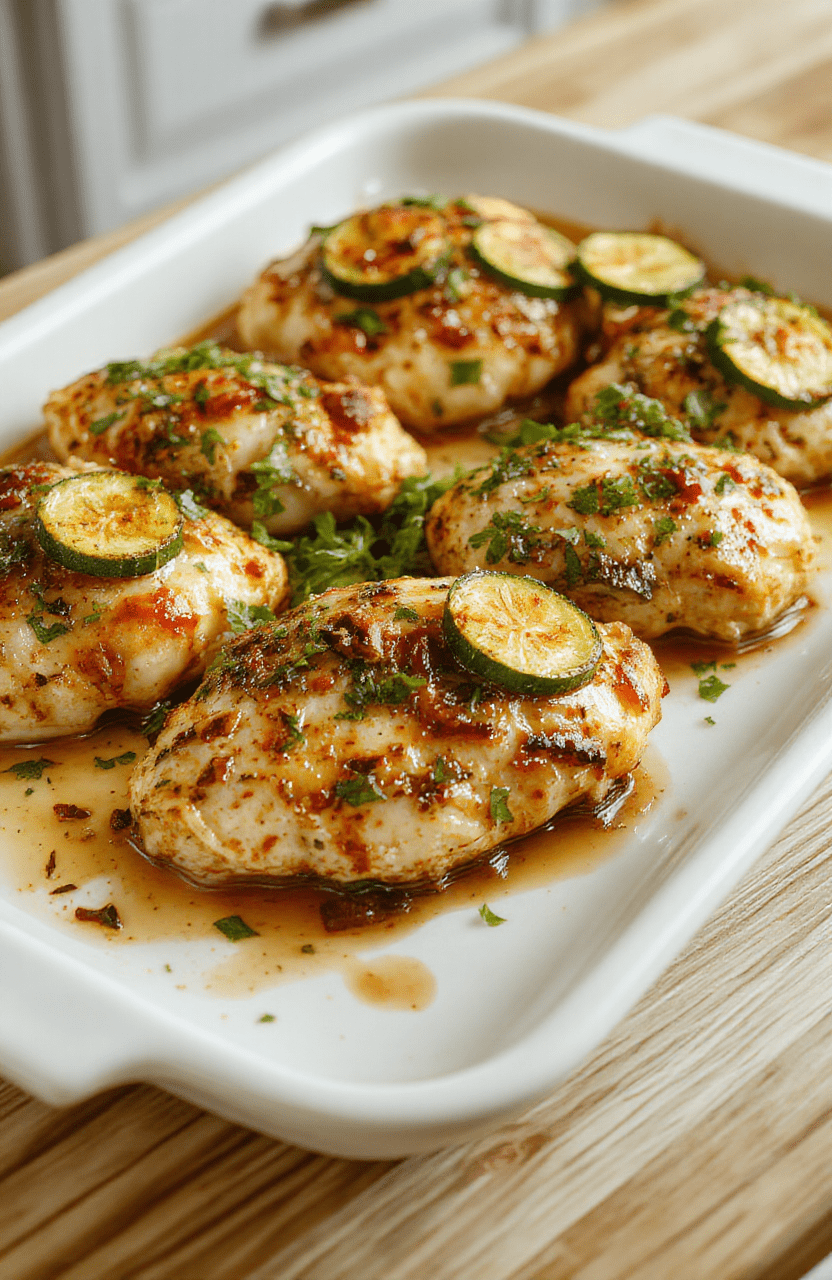 Golden-brown chicken thighs seared and nestled with sliced zucchini, cherry tomatoes, kalamata olives, and fresh oregano on a rustic ceramic baking sheet, drizzled with lemon-olive oil sauce, with charred edges and vibrant colors popping in natural light.