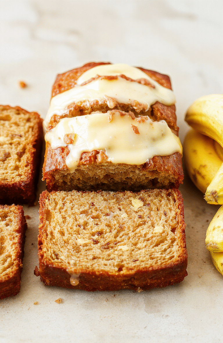 A golden-brown, tender banana bread loaf with a crackled crust resting on a rustic wooden cutting board, sliced to reveal a moist, tender crumb with visible banana streaks, dusted lightly with powdered sugar, garnished with sliced bananas and a sprig of fresh mint, natural daylight, soft shadows, shallow depth of field
