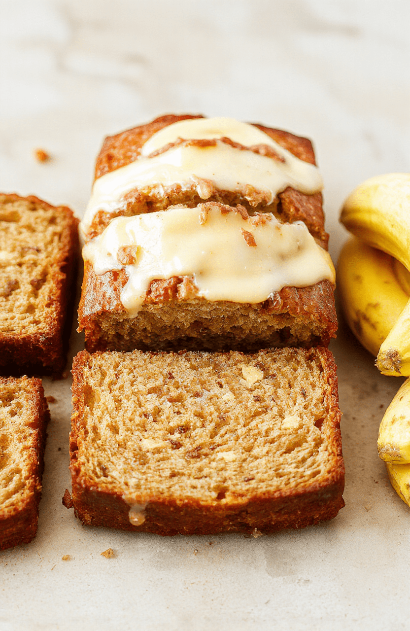 A golden-brown, tender banana bread loaf with a crackled crust resting on a rustic wooden cutting board, sliced to reveal a moist, tender crumb with visible banana streaks, dusted lightly with powdered sugar, garnished with sliced bananas and a sprig of fresh mint, natural daylight, soft shadows, shallow depth of field