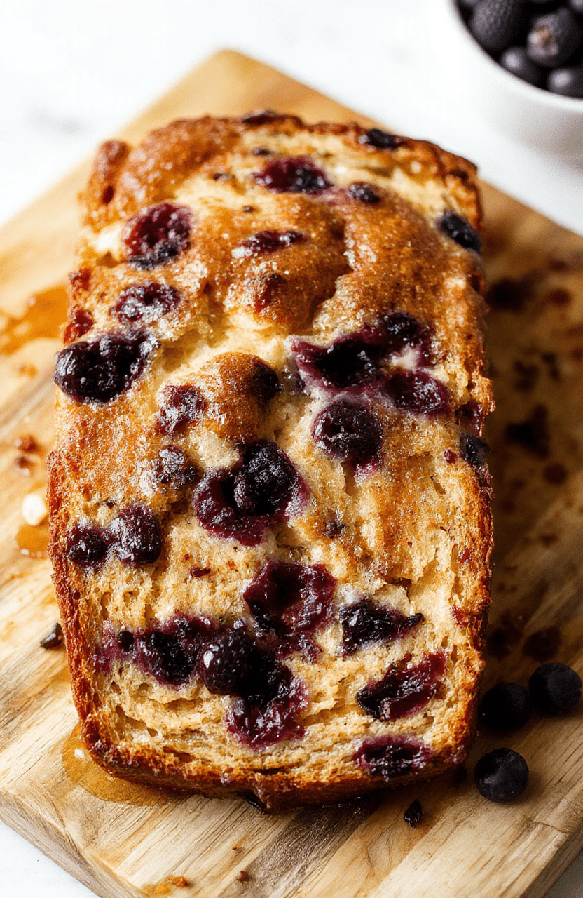 A golden-brown, moist blueberry banana bread loaf sliced on a white ceramic plate, revealing juicy blueberries and a tender crumb, with fresh blueberries and banana slices scattered around. Background is a rustic wooden kitchen counter with soft natural light and shallow depth of field.